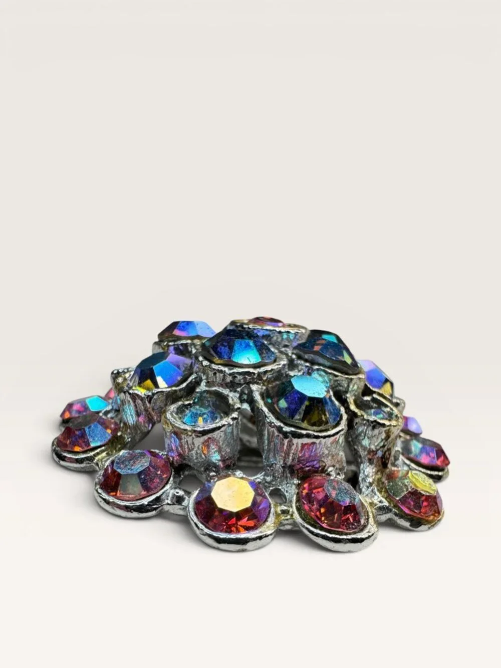 1960s Aurora Borealis Rhinestone Cluster Brooch Round Silver Tone Vintage